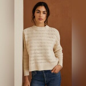 Hudson North Tan Knit 100% Cotton Sweater Eyelit Crochet Minimalist neutral L